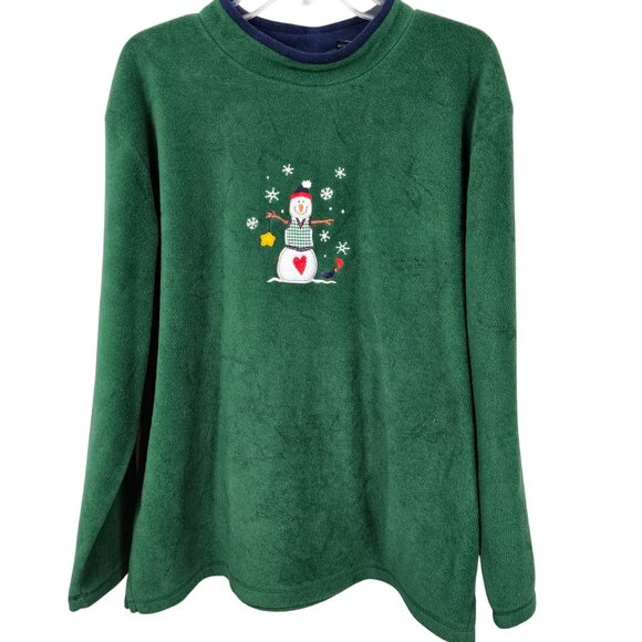 Christmas Holiday Joy Winter Warm Plush Soft Green Blue Snowman Print Sweater L - Picture 1 of 11